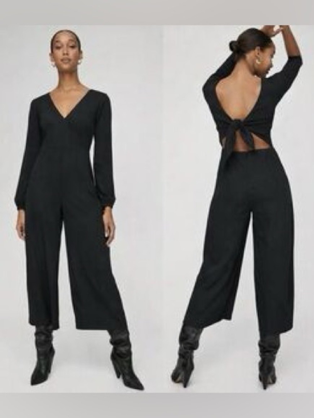 Aritzia Wilfred Ecoulement Black Deep V Long Sleeve Jumpsuit V Neck Sz 00